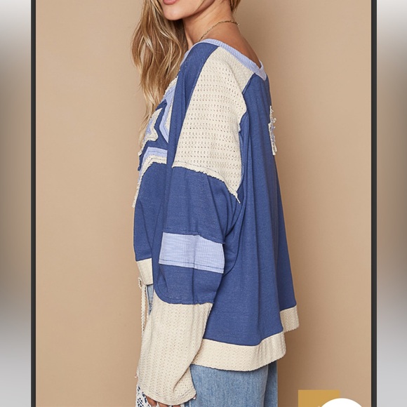 POL star sweater boho patchwork long sleeve blue cream NWT - Picture 4 of 5